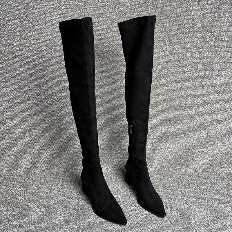 Зимняя мода Женские длинные ботфорты с острым носком Уличный стиль Толстый каблук Вечеринка Стриптизерша Женская обувь