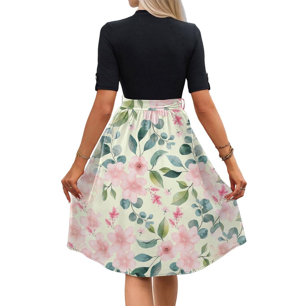 Women's Fashion Casual Belt Short Sleeve Round Neck Floral Elegant Temperament Dress