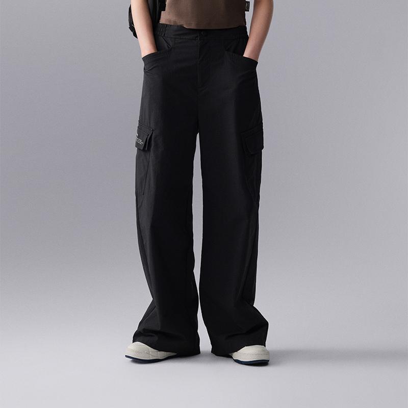Li Ning CF Su Series Mid Waist Button Solid Color Straight Leg Knit Sports Pants Women Pants Black AYKU620-3