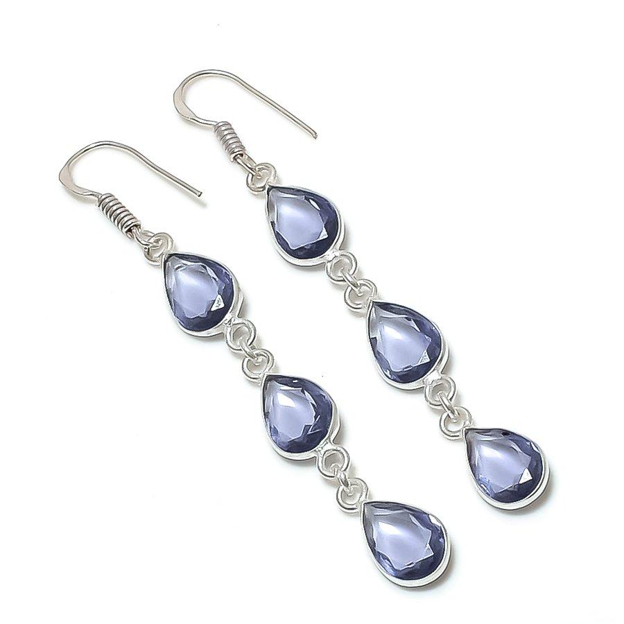 Натуральный Аметист Драгоценный Камень 925 Стерлинговое Серебро Ювелирное Изделие Серьга 2.84" j2B88