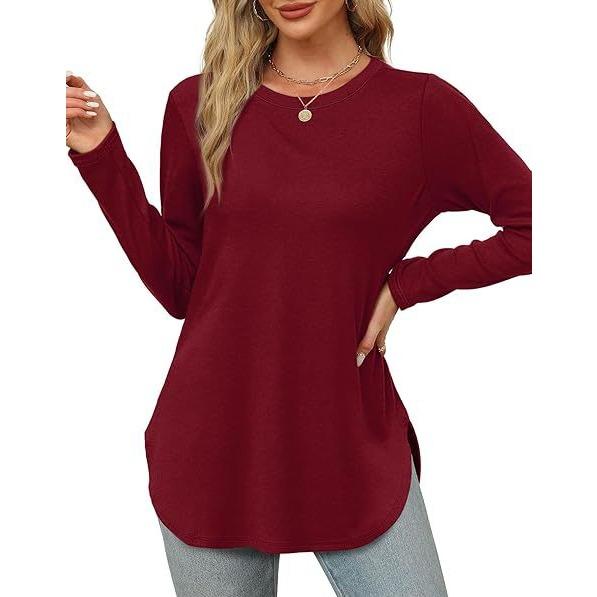 GMXIA Autumn Women's Solid Color Long Sleeve Top Round Neck Loose Casual Base Shirt