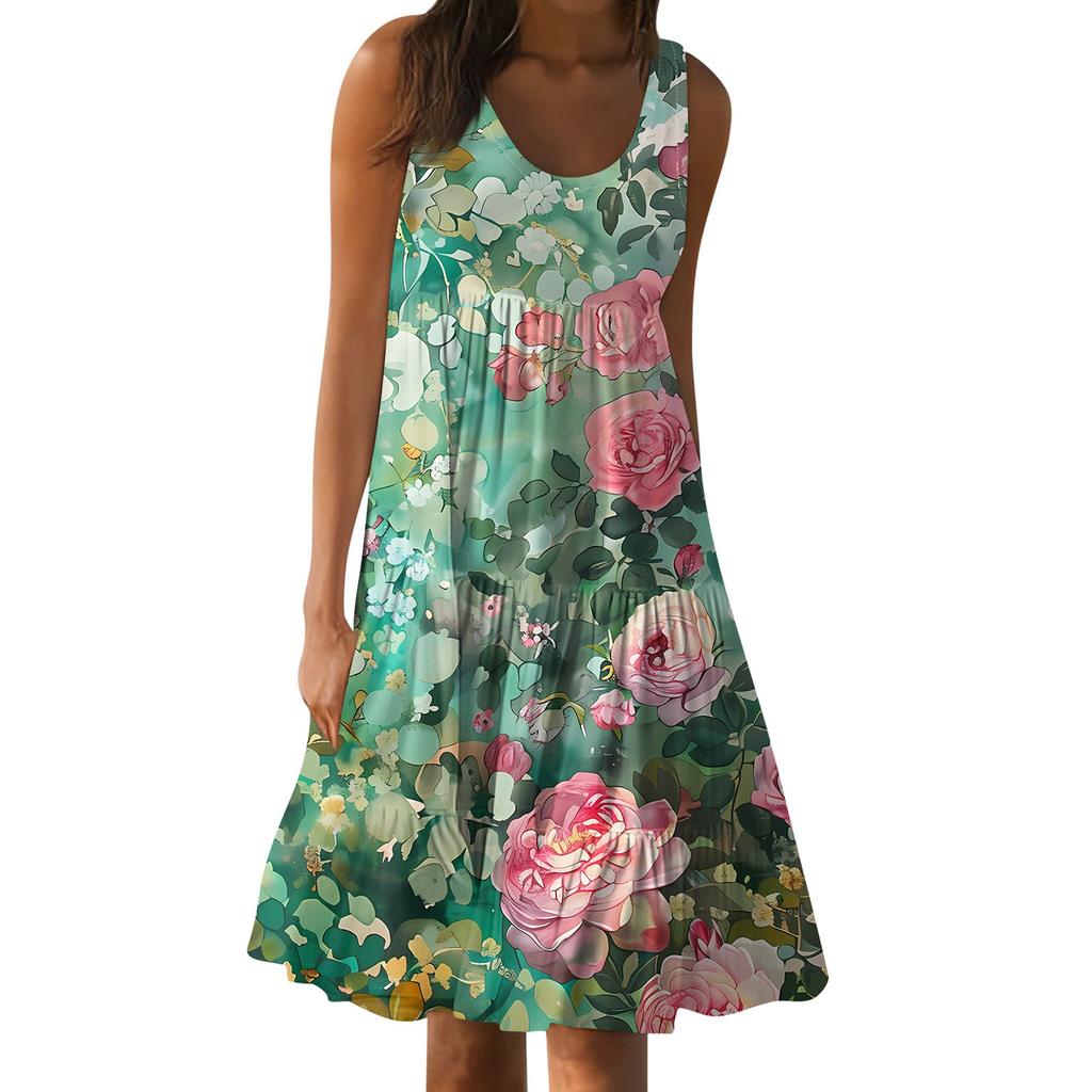 Hawaiian Dress For Women Summer Spring Pleated Bohemian Dresses Cute Sleeveless Flowing Beach Straight Tank Dresses Round Neck Dresses