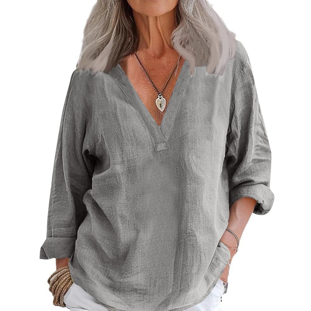 Women's Casual Loose Fashion Long Sleeve Cotton Linen Solid Color Retro V-neck Pullover Shirt