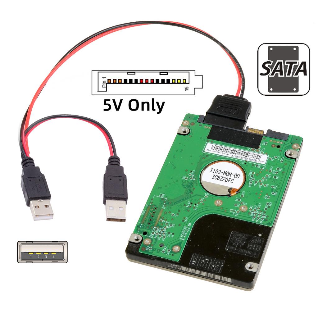 U2-070-2P Кабель питания DC 5V Dual USB на SATA 15-Pin для 2,5-дюймового SATA HDD SSD дисковода, 5V 2A Макс