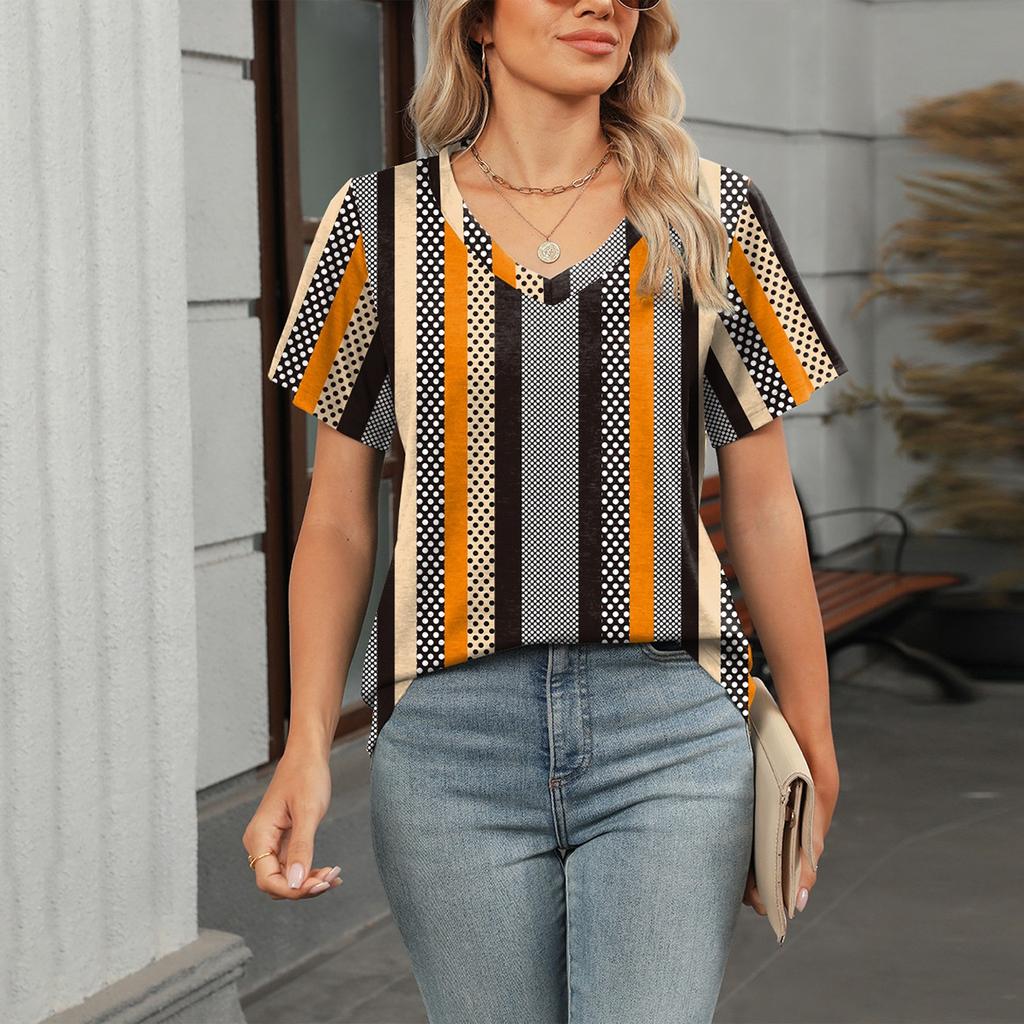 Women's Fashion V Neck Floral Print Short Sleeved Pullove T-shirt Top