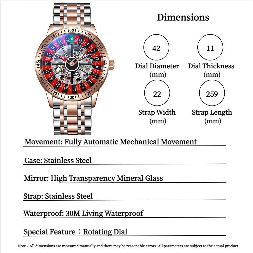 Dulunwe Автоматические механические часы Roulette для мужчин с вращающимся циферблатом, полые часы из нержавеющей стали, водонепроницаемые, роскошные наручные часы