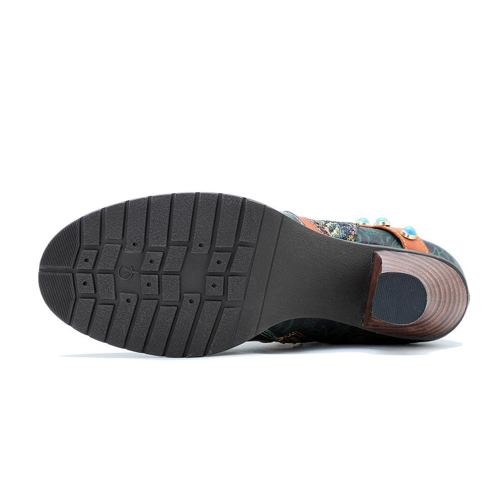 Johnature Сапоги из натуральной кожи. Модные женские туфли на высоком каблуке. Короткие сапоги в стиле ретро с заклепками в стиле пэчворк.