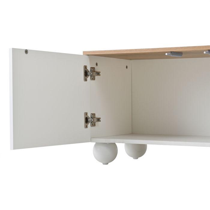 Meuble TV 180 x 40 x 45 cm - 4 portes - 6 pieds métal - MDF - Blanc + Naturel