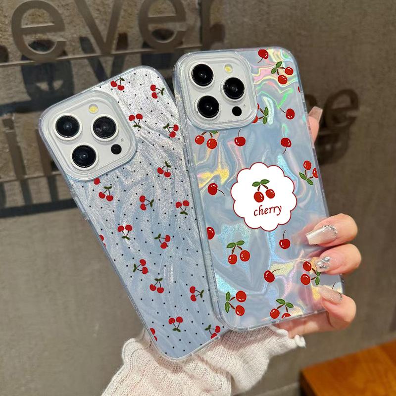 Роскошный блестящий чехол с принтом вишни для iPhone 16 Pro Max 15 Pro 14 13 12 11, гибридный TPU PC, прозрачный, ударопрочный, тонкий чехол для телефона