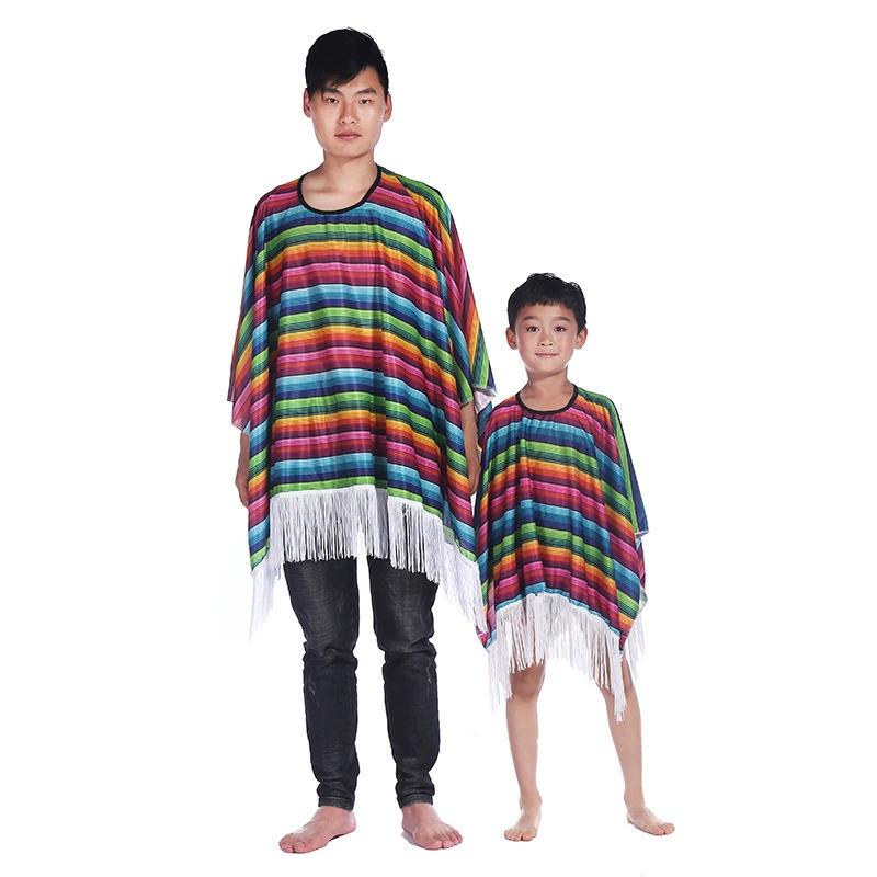 Retro Mexican Cape Poncho Shawl Men Women Costume Cosplay Cloak Festival Party Ethnic Stripe Colorful Loose Cape For Adult Kids