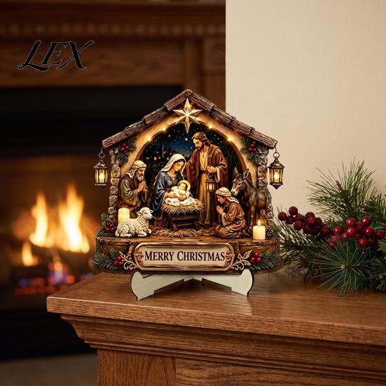 Holiday Home Tabletop Accents Nativity Scene Wooden Sign, Christmas Manger Holy Family Figurine Decor, Traditional Table Centerpiece Religious