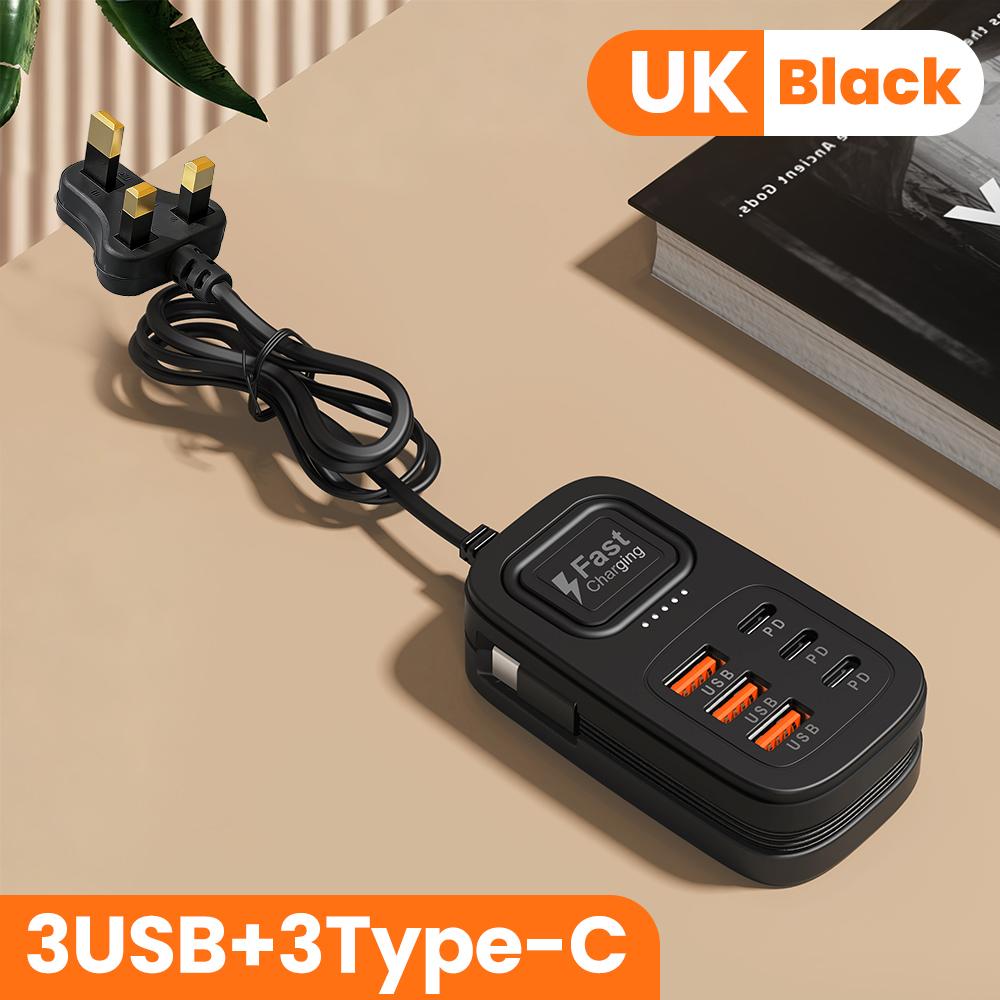 6-портовая USB-быстрозарядка, сетевой фильтр, настольная зарядная станция, быстрая зарядка, EU/UK/US вилка, USB-хаб, адаптер, розетка, 3 Type C, 3 USB