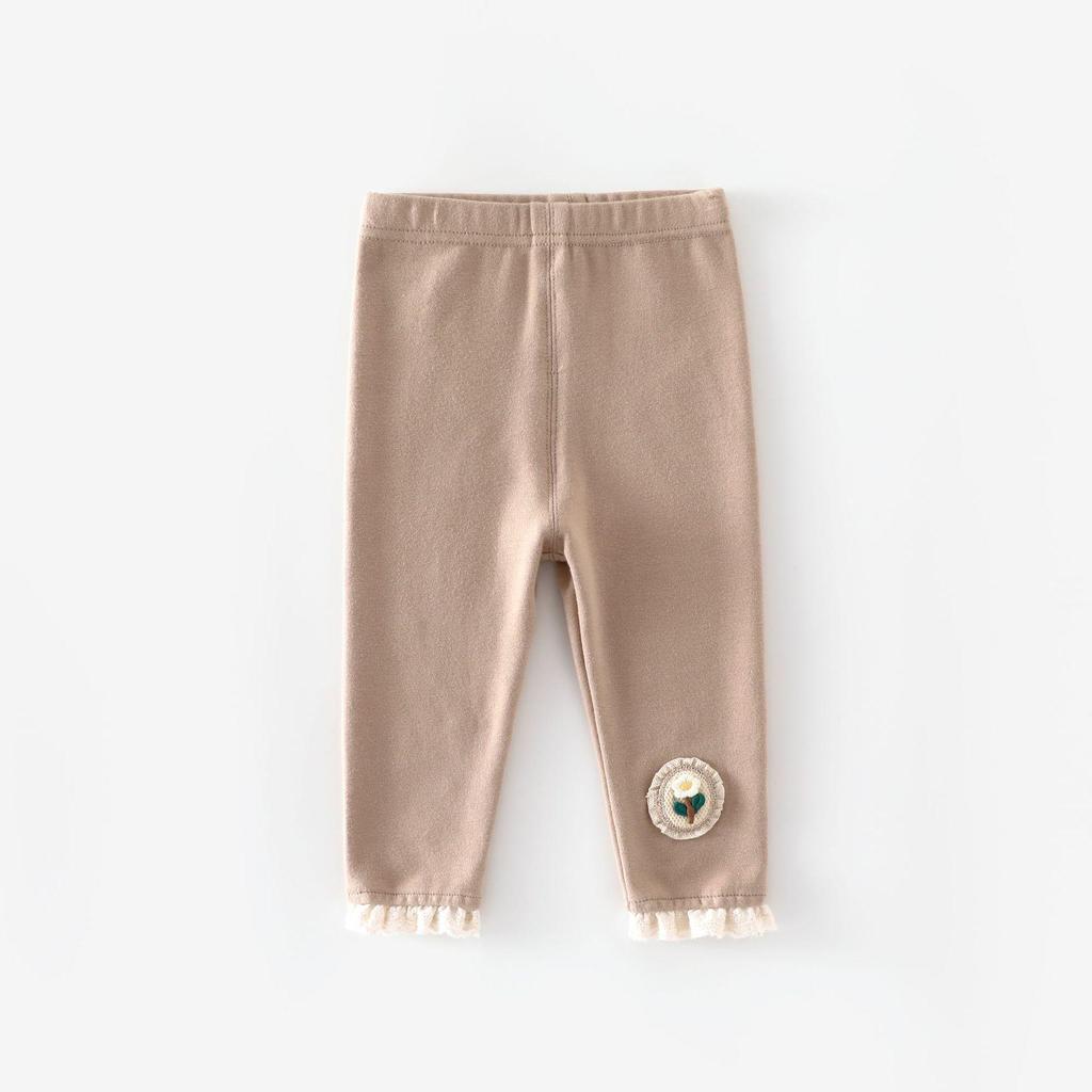 Осень 2025 Леггинсы для девочек: Цветочная аппликация, кружевная отделка, однотонная для младенцев и детей