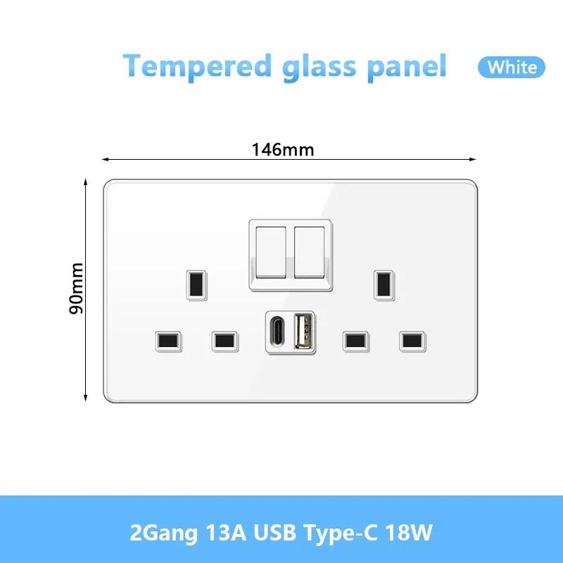 Стандарт Великобритании настенный светодиодный выключатель 2-позиционный розетка питания, 18 Вт быстрая зарядка универсальная двойная 3-контактная вилка USB Type-C стеклянная розетка