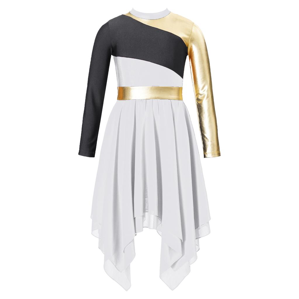 Платье для танца хвалы для девочек, с длинным рукавом, асимметричным шифоновым подолом, контрастным дизайном, костюм для лирического танца