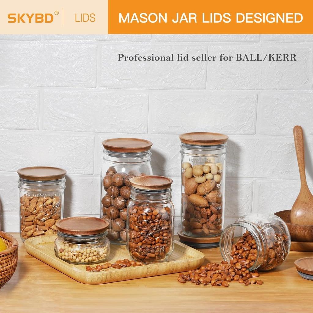 Regular Mouth and Wide Mouth Wooden Mason Jar Lids for Ball/Mason Jars, Reusable Acacia Wood Mason Jar Lids with Airtight Silicone Seal Perfect