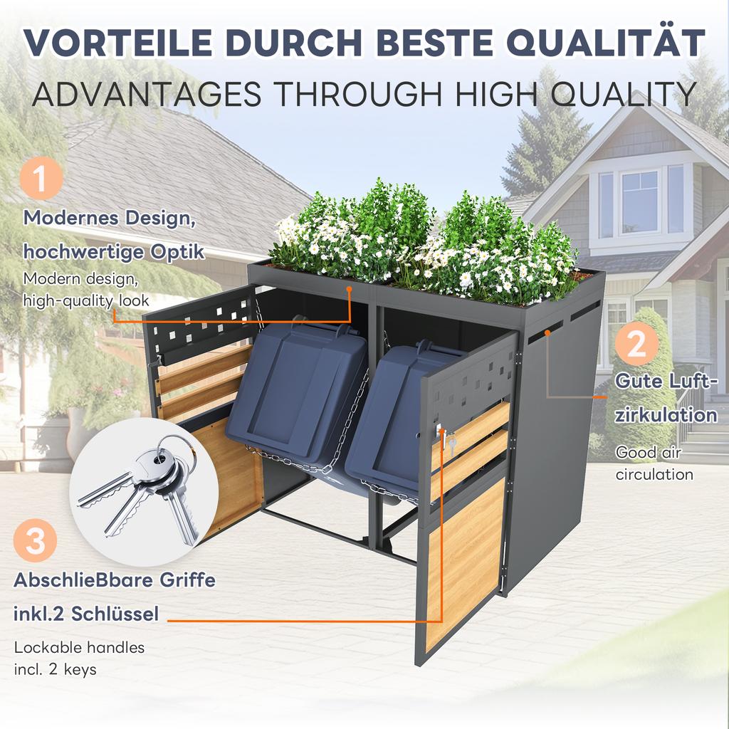 Bin Box Set of 4, Planting Roof, 120-240 Liters, Anthracite, Door in Wood Look incl. Expansion Option (Product does not include built-in trash can)