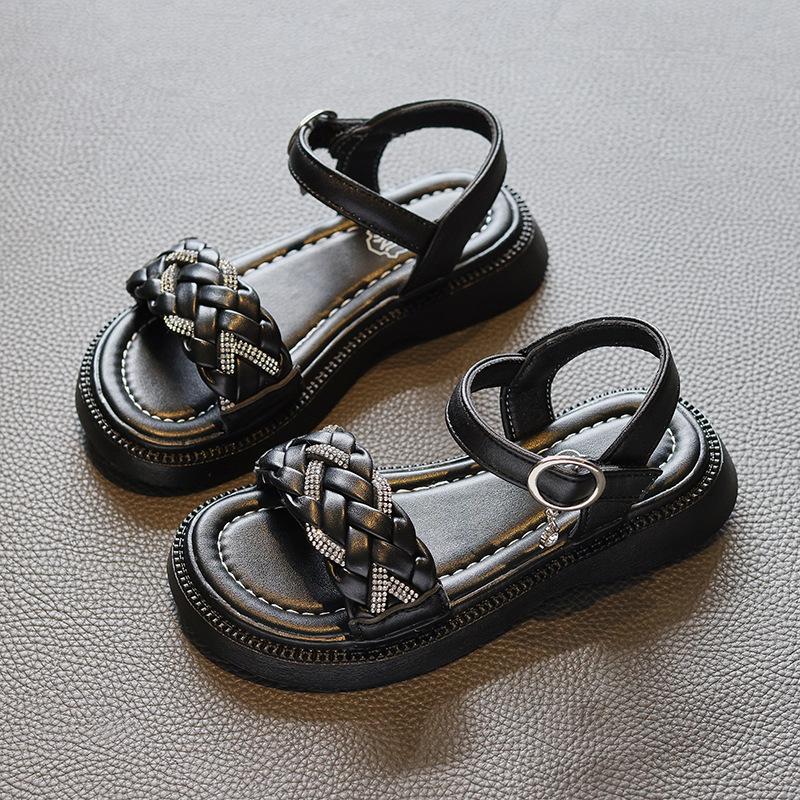 Summer Children Beach Sandals Girls Hook & Loop Toddler Breathable Bling Weave Style Fashion Princess Kid Dress Party Flat Shoes