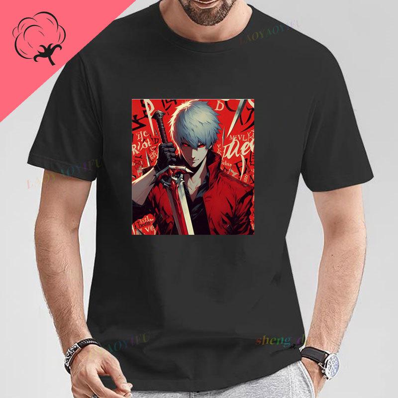 Футболки Devil May Cry Футболка Унисекс Короткий Рукав Винтажный Мультяшный Игровые Одежда Y2k Хлопок Круглый Вырез Модный Крутая Футболка Готические Топы