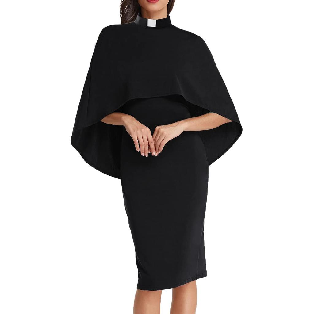 Women's Priest Cosplay Costume Medieval Church Father Cosplay Dress Halloween Party Role Play Outfit Black Long