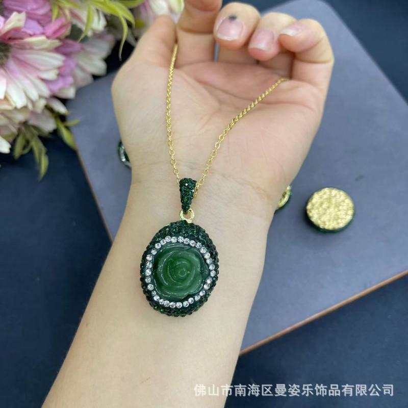 Green Rose Ceramic Inlay Jewelry Set Women Original Design Earrings Necklace Bracelet With Agate Pendant Snake Chain