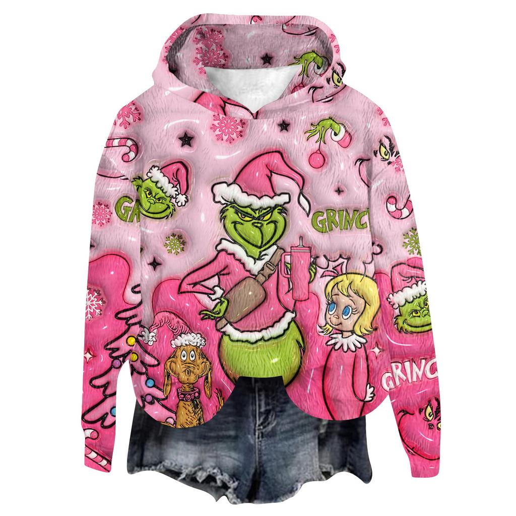 Women's Hooded Long Sleeve Christmas Printed Flannel Top Hooded Sweatshirt