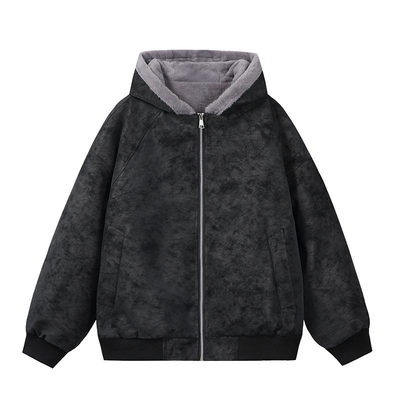 Зимняя кожаная куртка Zuo Shan Diao с меховым воротником - Парный стиль, Плюшевый велюр, Уплотненный хлопок, Узор личи