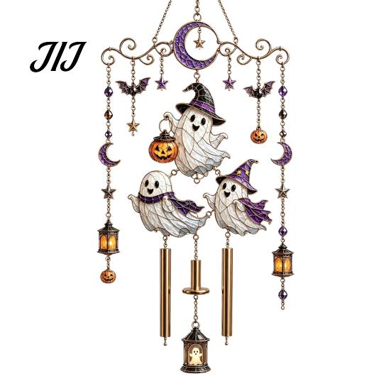 Bat Moon Themed Decor Halloween Stained Glass Style Wind Chime, Acrylic Suncatcher Hanging Ornament with Ghost Black Cat Artistic Window Light