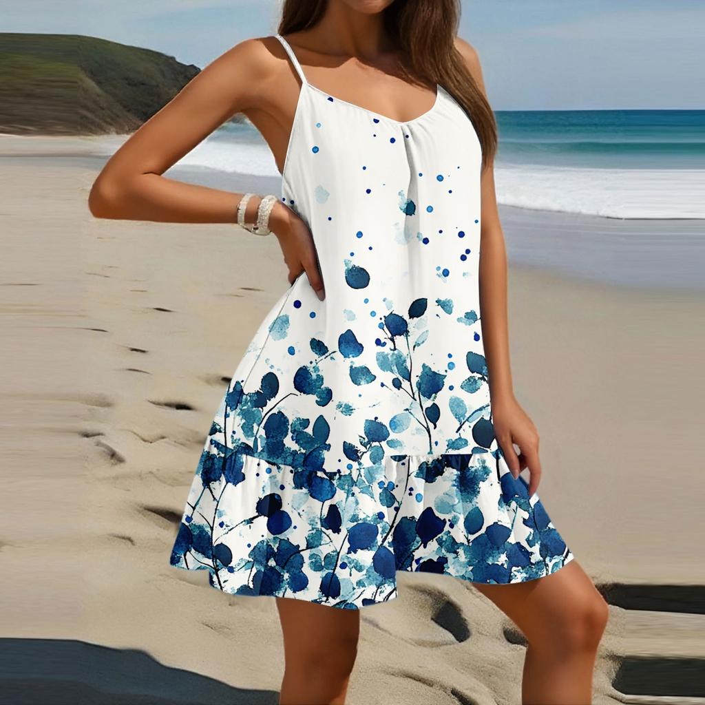 Женское модное повседневное платье без рукавов с круглым вырезом и цветочным принтом для пляжа