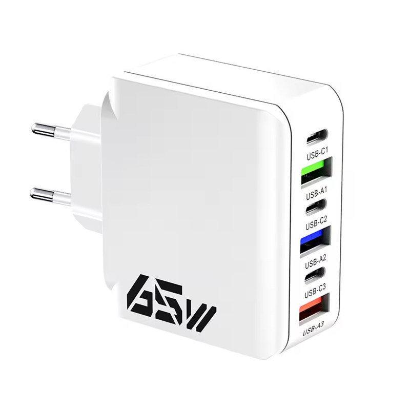 65 Вт USB C Настенное зарядное устройство Быстрая зарядка 6 портов Адаптер Quick Charge 3.0 для iPhone 13 14 15 Xiaomi Samsung Oppo Mobile Вилка США/ЕС