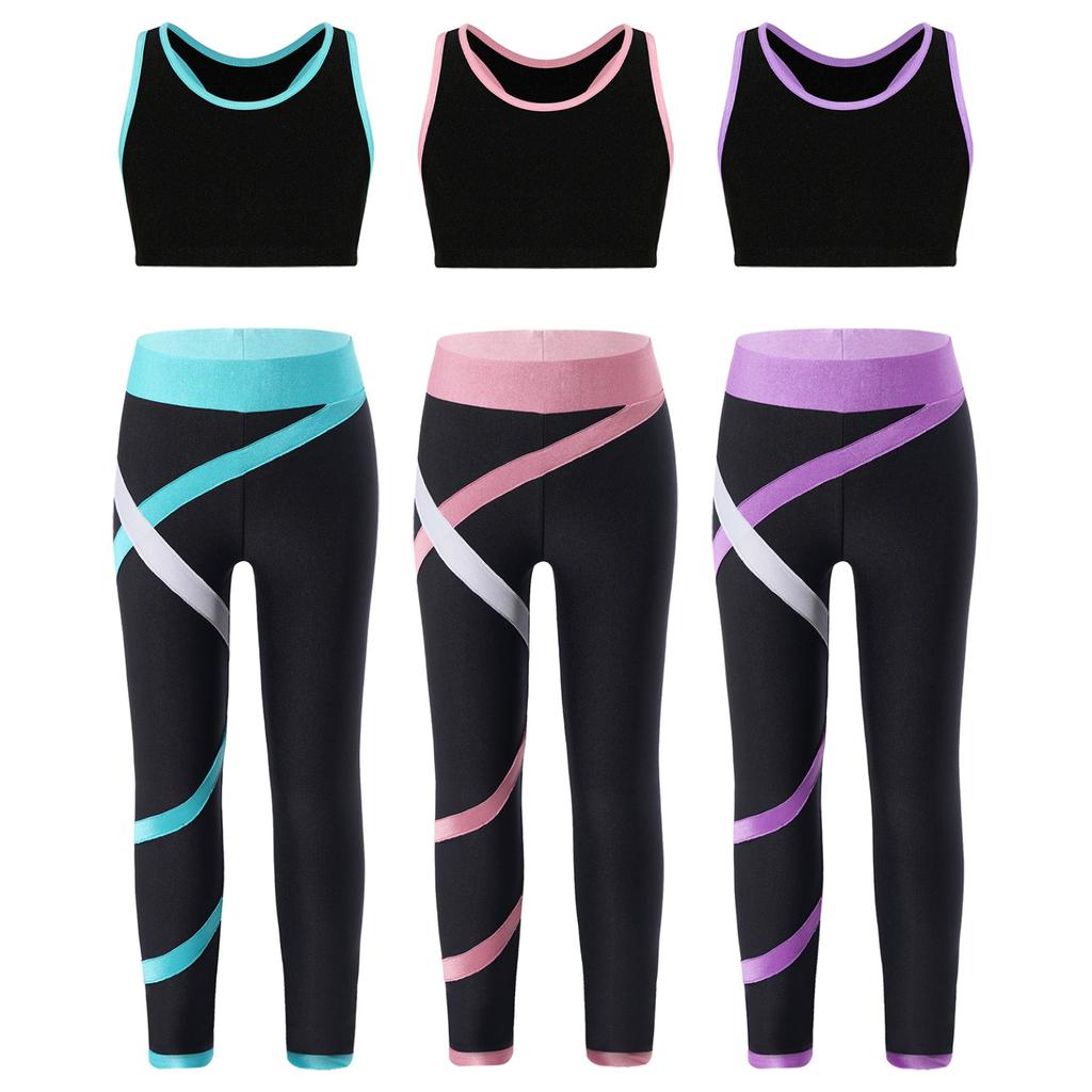 Детский укороченный топ без рукавов для девочек с леггинсами с цветными блоками, спортивная одежда для джазовых танцев, катания на коньках и тренировок