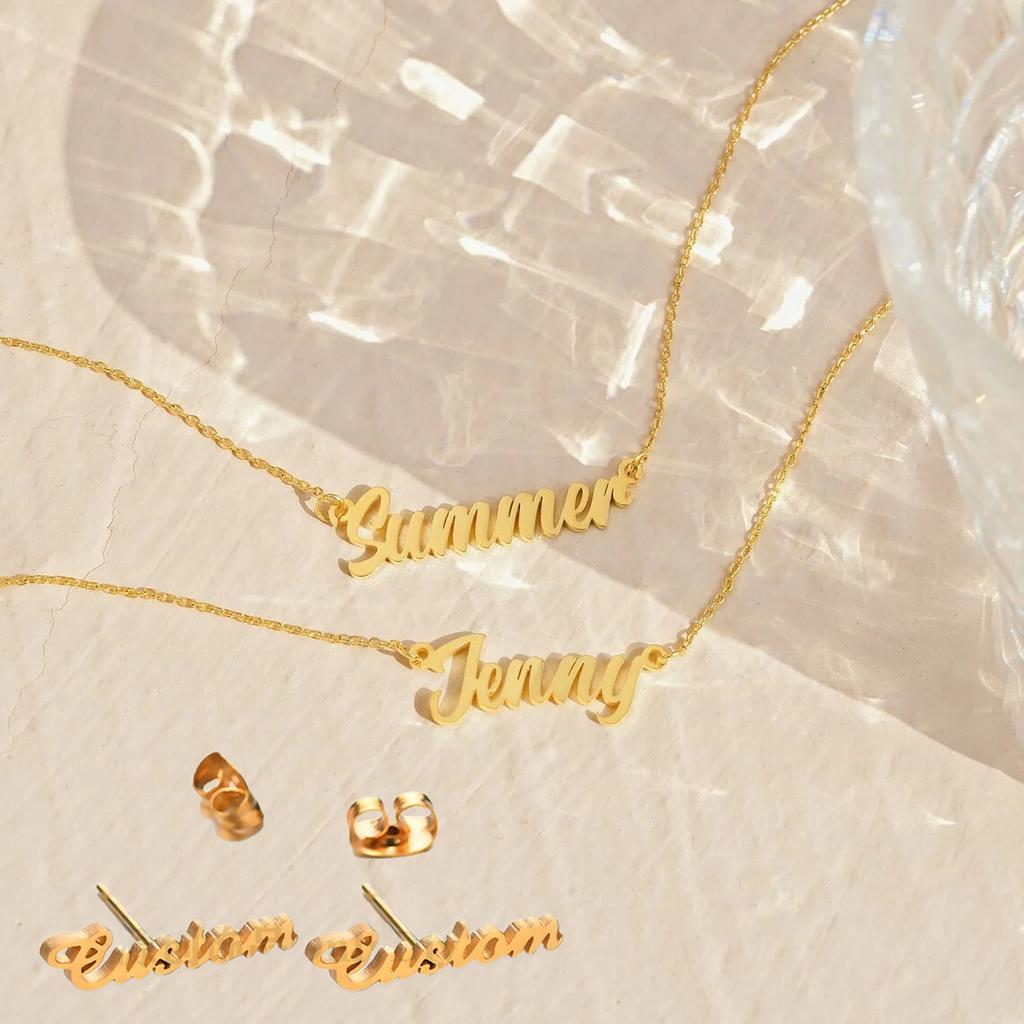 Персонализированное ожерелье-подвеска с буквой для женщин, золотой, серебряный цвет, индивидуальная подвеска с именем, чокер из нержавеющей стали, серьги