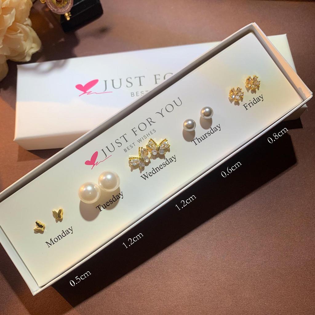 Набор серег-пуссетов в форме сердца с цирконом, цветком и жемчугом для женщин