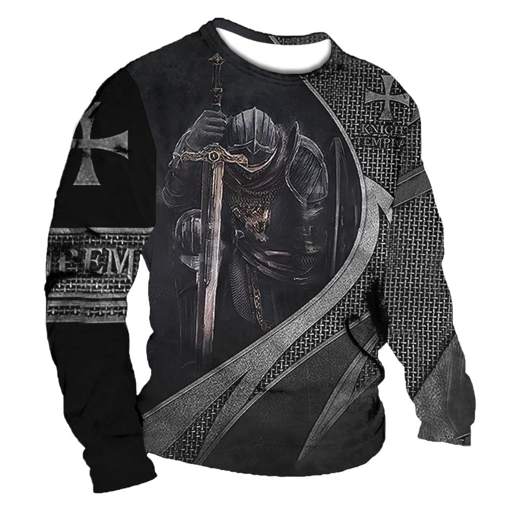 Винтажные футболки, мужская хлопковая футболка с длинными рукавами, крестоносец, рыцарь, графические топы, 5xl, футболка с 3d принтом, повседневная одежда большого размера с круглым вырезом