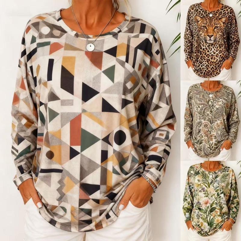 New Autumn Women's Casual Loose Fashion Printed Long Sleeve Round Neck Pullover Top