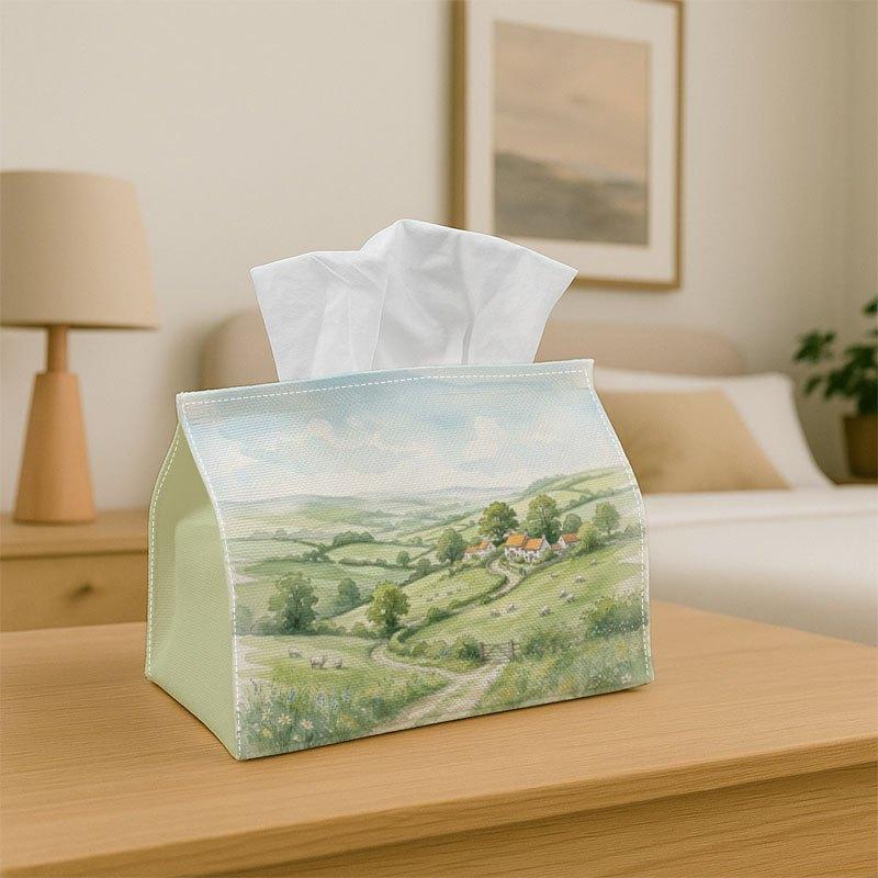 2D Flat,1pc Vintage Countryside Illustration Design Fabric Tissue Box Cove - Green Blue Brown Calm Natural Napkin Storage for Home, Office, Fun Design