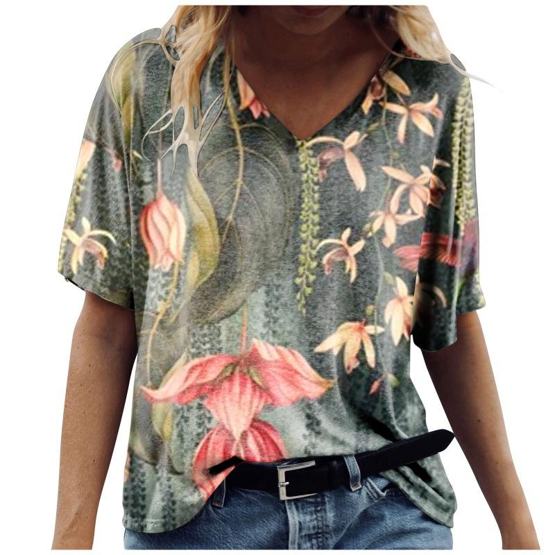 5XL летняя футболка большого размера с цветочным принтом, женская рубашка с коротким рукавом и 3D картой, модная повседневная женская рубашка с v-образным вырезом, свободный топ больших размеров 2021