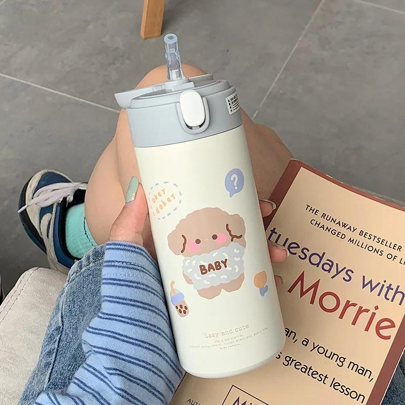 380ML Stainless Steel Thermos Vacuum Flask Cute Cartoon Thermal Water Bottle For Girls Insulated Straw Cups Tumbler Drinkware