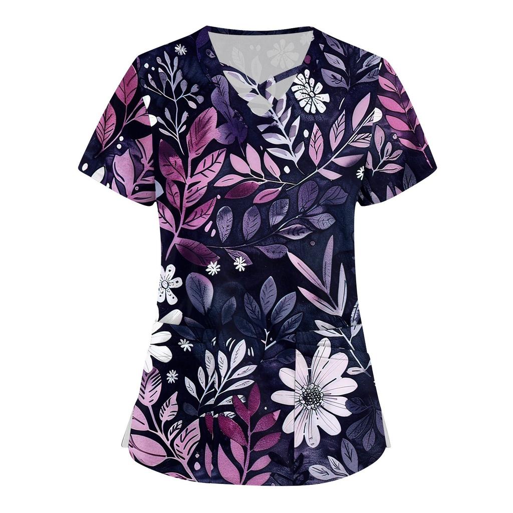 Women's Short Sleeve Stagger V Neck Print Pocket Dry-nurse Top