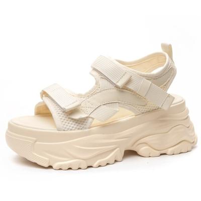 Модные 7 см сетчатые синтетические женские сандалии на платформе, повседневные летние туфли с полой бежевой толстой подошвой, черные, удобные, с открытым носком 2024