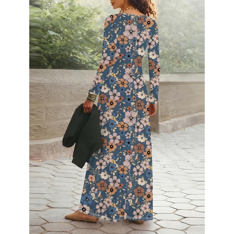 Casual Floral Print Long Sleeve Dress for Women Blue Background Round Neck A Line Bodycon Midi Dress Fall Winter Fashion