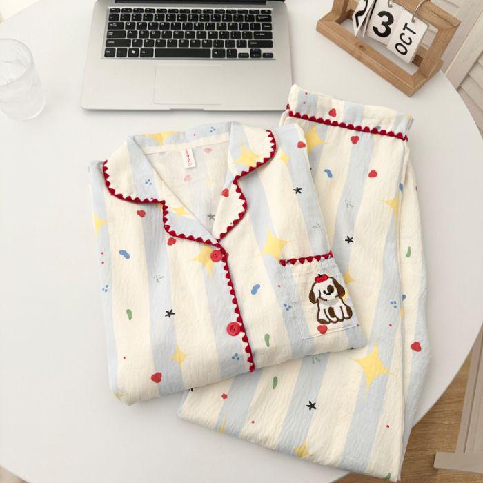 Женский пижамный комплект из облачного хлопка в желтую клетку с отделкой по краю в виде ракушек - С длинным рукавом, для дома на весну/осень, с ощущением высокого качества.