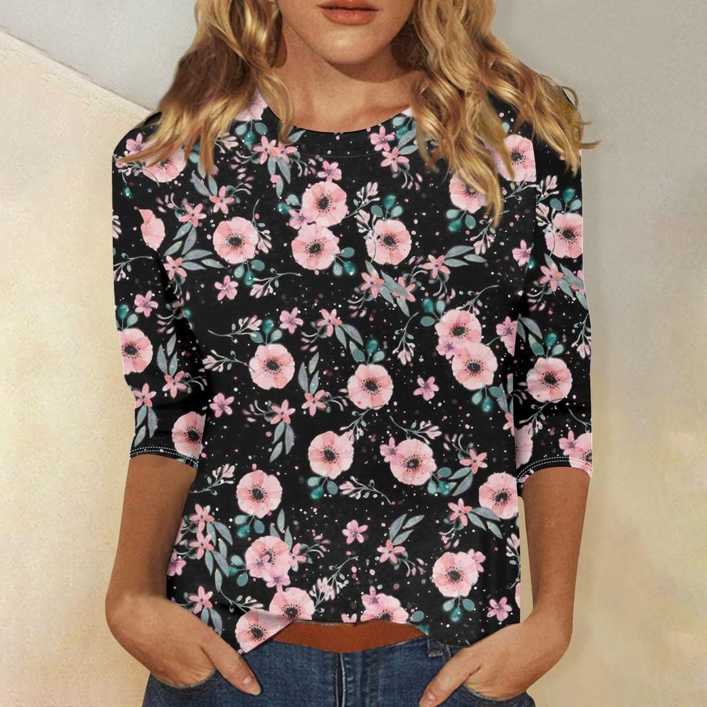 Женская мода повседневная футболка с круглым вырезом и рукавом три четверти с принтом, летняя одежда для женщин, корейская популярная одежда