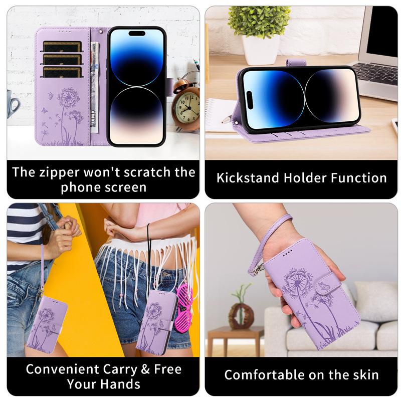 Подходит для iPhone 17 кожаный чехол с тиснением одуванчика, Apple 16 PRO, Samsung S26 флип-чехол для телефона с карманом для карт