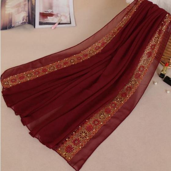 180*85 см Женский Кружевной Шифоновый Шелковый Шарф с Золотыми Бусинами, Блестящий, Цветочный, Однотонный Хиджаб, Мусульманский, Жемчужный, Красивый, 9 Цветов, Шарфы/Платки