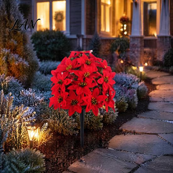 Fade Resistant Flowers Artificial Poinsettia Flower Ornaments, Realistic Decorations, Fake Exquisite Christmas Ornaments with Stake for Holiday Party