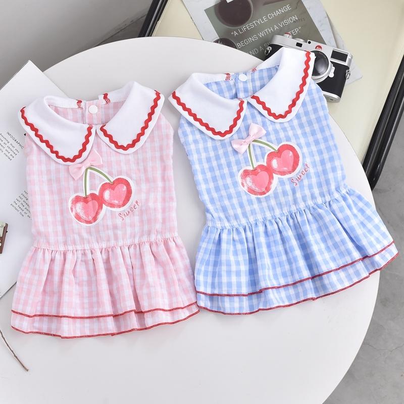 Cherry Plaid Pet Dresses For Small Medium Dogs Corgi French Bulldog Tutu Skirt Summer Suit For Cat Chihuahua Girl Boy Accessory