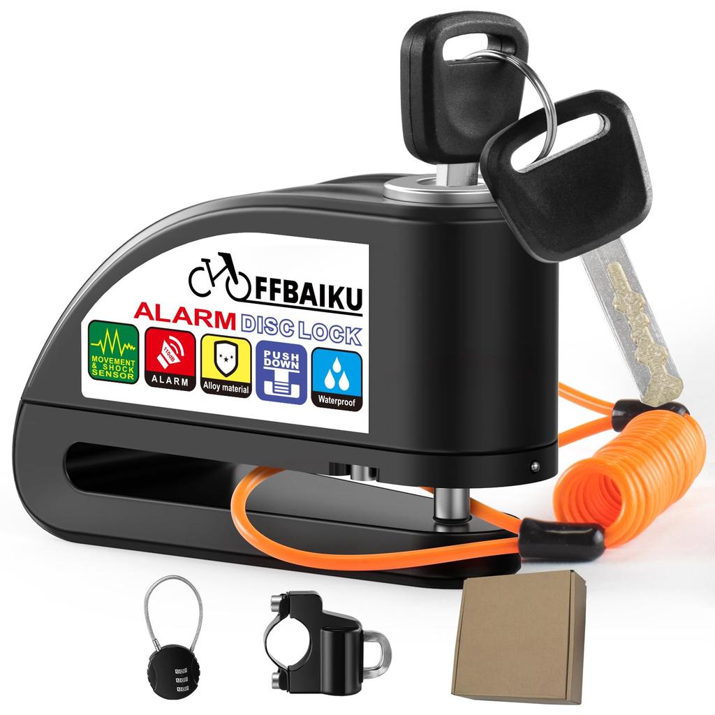 OFFBAIKU Bike Lock Set 2024 Latest Motorcycle Disc Disc Brake 110dB Loud 2 Reminder Battery Aluminum Alloy Compatible with Storage Bag Included Lock