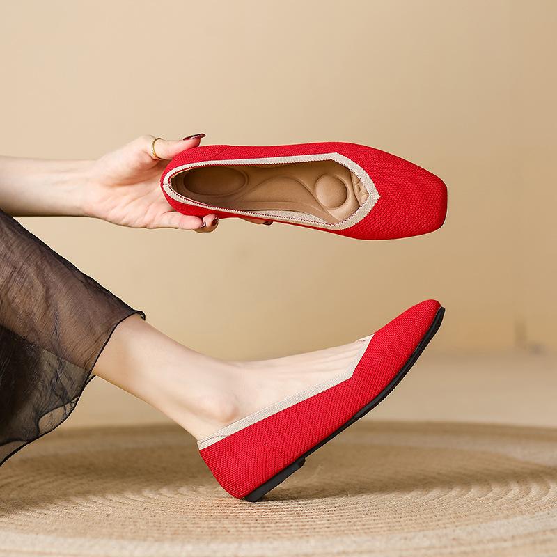Women's Casual Flats Comfortable Walking Flat Shoes Square Toe Ballet Flats Non-Slip Knitted Work Loafers Shoes Lightweight Dress Shoes for Women