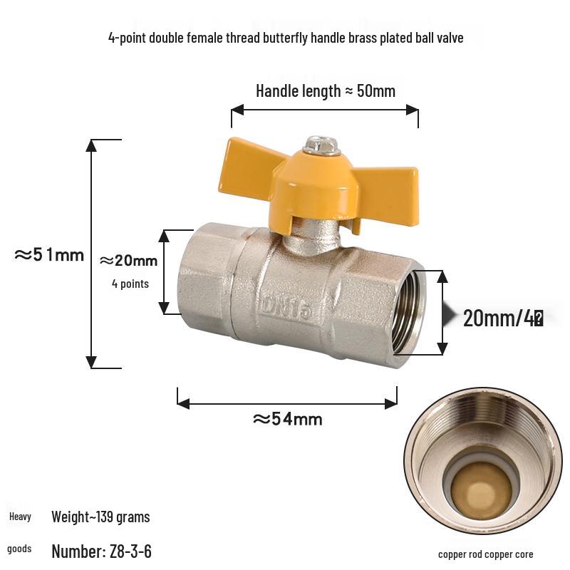 Brass Ball Valve with Copper Core: Male/Female, Double Female, 1/2", 3/4", 1" Sizes, for Water and Gas Pipes.